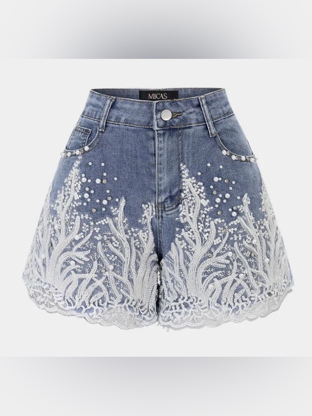 Women’s Light Blue Embroidered Jeweled Denim Jean Shorts; S - Picture 3 of 6